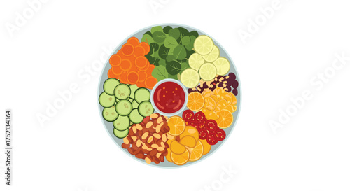 A vibrant platter of colorful raw vegetables and fruits arranged in a circle with a central dip.
