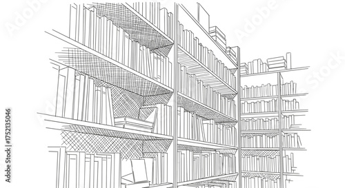 Shelves with books in library or bookstore racks engraving sketch hand drawn style black and white vintage illustration vector