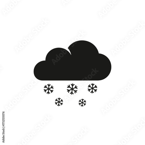 Simple black cloud with falling snowflakes icon illustration.