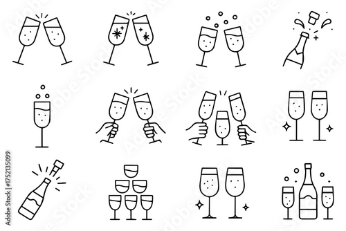Elegant wine and champagne glass icon set, stylish line art collection of glassware silhouettes, transparent background vector illustration, refined drinkware design elements