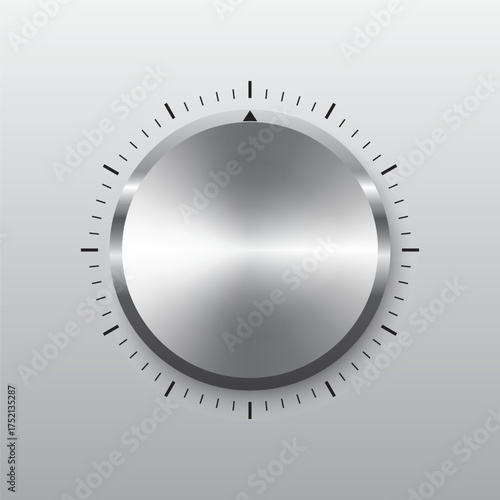 Shiny metallic control knob with radial gradient texture and black tick marks, designed for audio or electronic equipment interface.