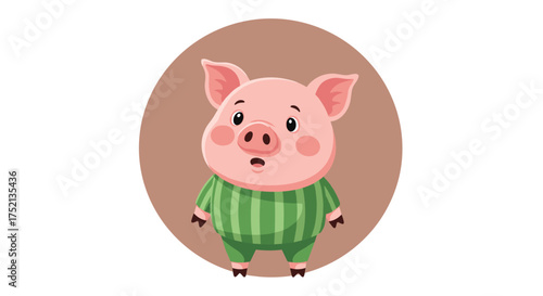 This adorable cartoon piglet wearing striped green pajamas looks surprised while standing in a circle.