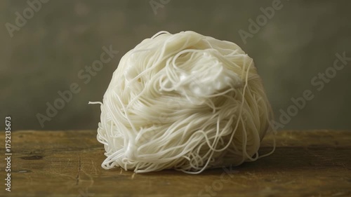 A pile of noodles sitting on a wooden table