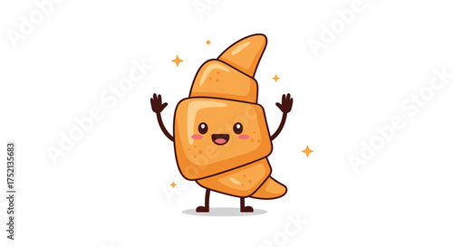 This cheerful animated croissant is excited to greet you with its warm smile and outstretched arms.