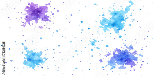 Blue ink splashes and blots on white background