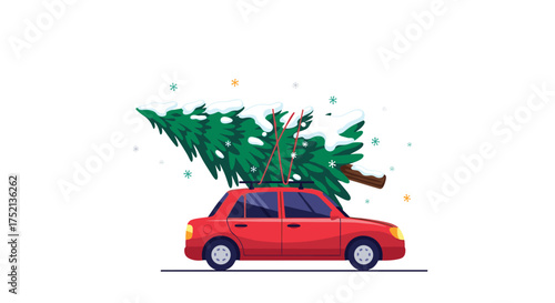 A red car transports a large christmas tree on its roof during winter season.