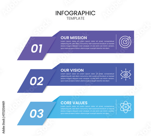 Modern business infographic design showing company mission, vision, and core values with clean layout 
