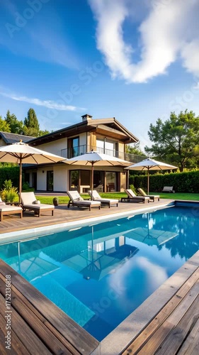 Wallpaper Mural Upscale home with inviting pool, sun loungers, and umbrellas on a bright sunny day reflecting blue skies Torontodigital.ca