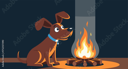 A curious brown dog sitting by a cozy campfire at night looking at the flames.