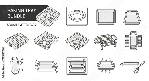 A collection of vector illustrations showing various baking trays and ovenware, including muffin tins, baking sheets, and a grilling pan, displayed in a line art style.