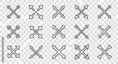 A collection of fifteen different crosshair cursor icons, each with a slightly different arrow or line style, arranged on a transparent background.