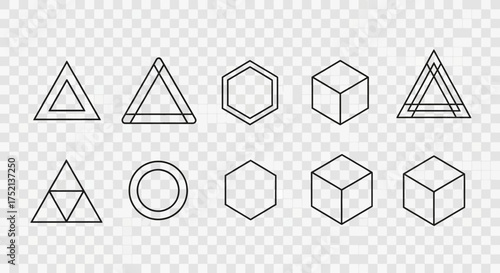 A collection of ten outlined geometric shapes including triangles, hexagons, circles, and cubes arranged on a transparent background.