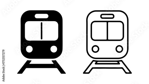 A set of two simple train icons, one solid black silhouette and one outline, representing public transportation.