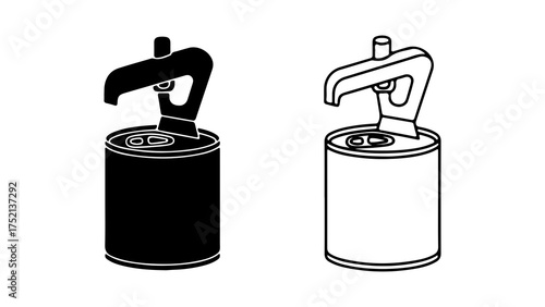 A black silhouette and a line art icon of a manual can opener opening a tin can.