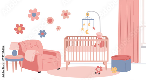A peaceful and comfortable nursery room with a crib and plush armchair for your baby.