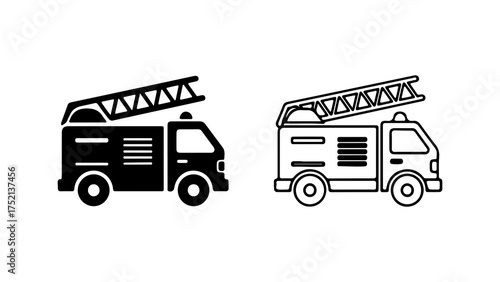 A set of two fire truck icons, one solid black silhouette and one thin line outline style, isolated on a white background.