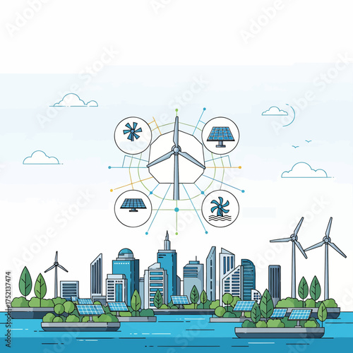 Conceptual illustration of a futuristic smart city powered by sustainable wind and solar renewable energy