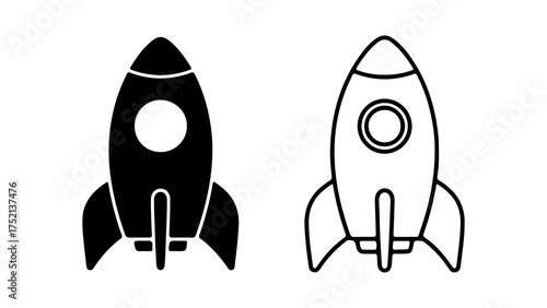 Two simple rocket ship icons, one solid black silhouette and one white outline version, isolated on a white background.