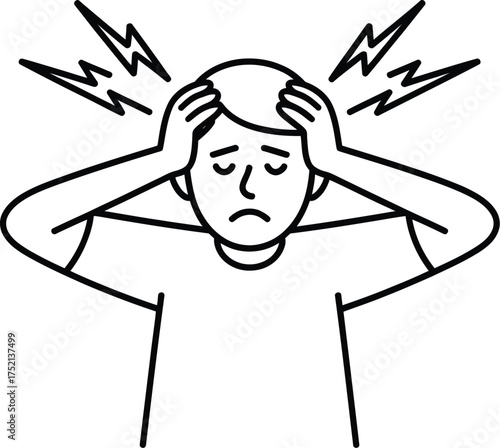 Illustration of man with headache holding head depicting migraine pain symptom