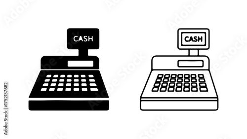 A set of two cash register icons, one solid black silhouette and one outline style, isolated on a white background.