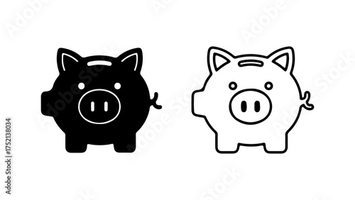 Set of two piggy bank icons, one solid black silhouette and one white outline, representing savings and finance.