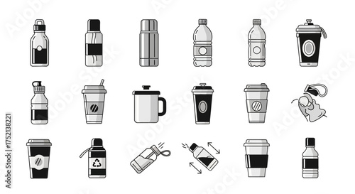 A collection of various drink containers, including bottles, thermoses, mugs, and disposable coffee cups, depicted in a monochrome, line-art style.