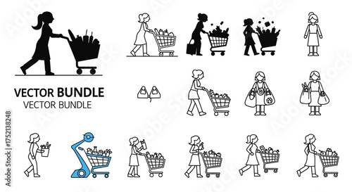 A collection of vector illustrations depicting women and families shopping with shopping carts filled with groceries and bags.