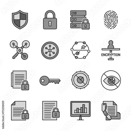 A collection of sixteen grey-toned icons representing cybersecurity, data protection, encryption, and related digital security concepts.