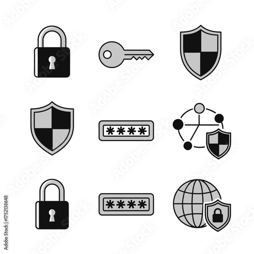 A graphic representation showcasing digital security elements including padlocks, keys, shields, passwords, and a global network protection icon.