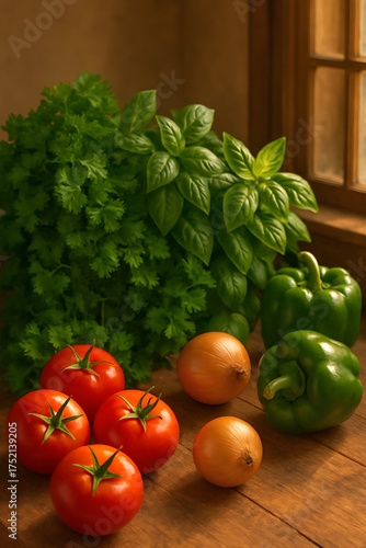 Evening Kitchen Counter with Organic Vegetables. Photorealistic portrait shot of a rustic wooden counter with tomatoes, bell peppers, onions, parsley, and basil under warm evening sunlight