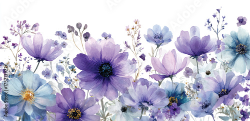 Watercolor floral border with violet and blue flowers hand painted in subtle tones a beautiful botanical design