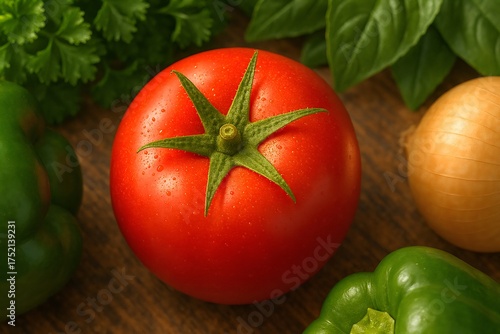 Close-Up Tomato on Rustic Kitchen Counter. Photorealistic close-up of a red tomato with bell peppers, onions, parsley, and basil on a wooden counter in soft morning light.