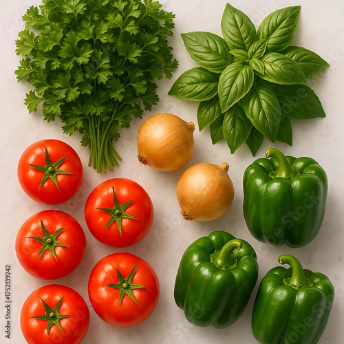 Marble Counter with Fresh Vegetable Arrangement. Overhead view of a marble counter with neatly arranged tomatoes, bell peppers, onions, parsley, and basil in soft morning light