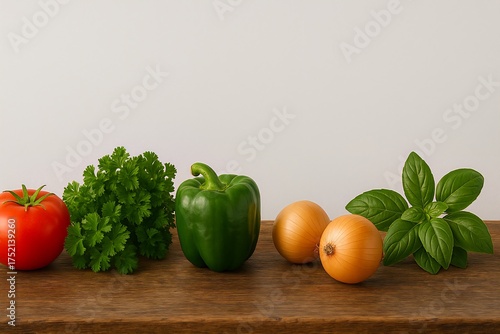 Minimalist Kitchen Counter with Fresh Veggies. Photorealistic minimalist rustic counter with tomatoes, bell peppers, onions, garlic, parsley, and basil in bright daylight.