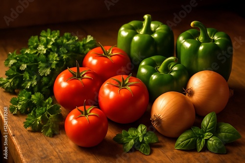 Cozy Night Kitchen Counter with Vegetables. Photorealistic rustic wooden counter with tomatoes, bell peppers, onions, parsley, and basil under warm artificial light.
