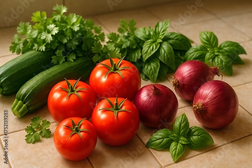 Tiled Counter with Fresh Vegetables Display. Photorealistic tiled kitchen counter with tomatoes, zucchini, red onions, cilantro, and basil in soft morning light