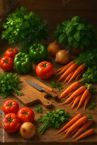 Cluttered Rustic Counter with Fresh Veggies. Photorealistic rustic counter with tomatoes, bell peppers, onions, carrots, parsley, basil, knife, and cutting board in morning light.