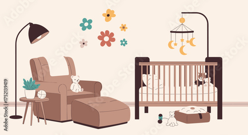 Cozy nursery room with a crib and a comfortable armchair.
