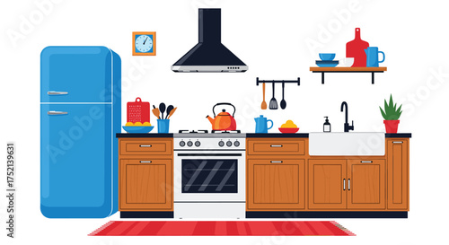 A colorful kitchen with a blue refrigerator and wooden cabinets.