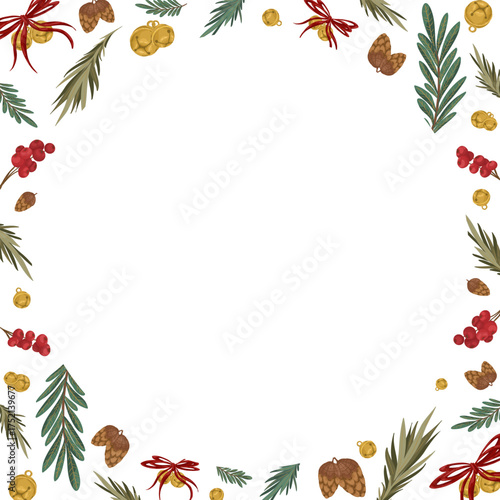 Christmas round border frame with pine cones, fir branches, jingle bells, and holly berries. Hand drawn vector illustration