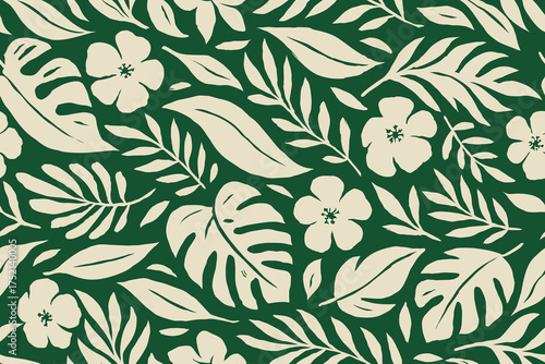 Seamless tropical floral Ikat pattern with beige flowers and dark green leaves for fabric design.
