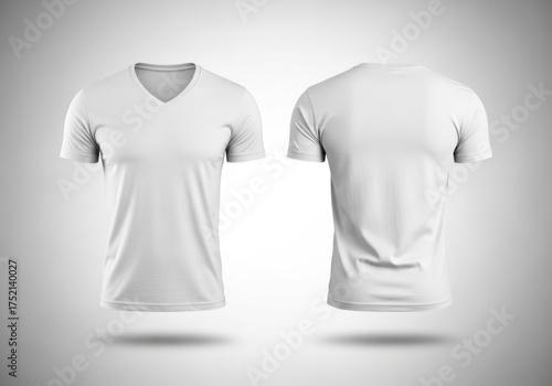 Two blank white v neck t shirts displayed front and back