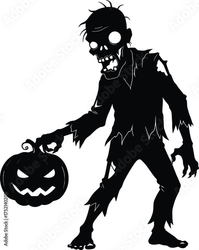 Creepy Zombie Holding Pumpkin in Spooky Graveyard Illustration, Eerie Atmosphere, High-Quality Artwork for Halloween Celebrations