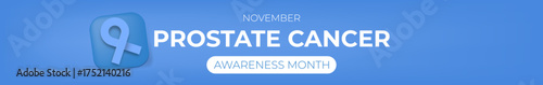 November Prostate cancer awareness month wide banner with blue ribbon icon. Blue November is prostate cancer awareness month. Movember mens health month wide banner