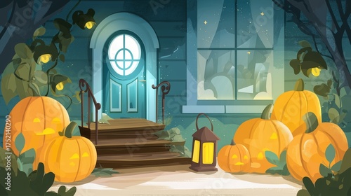 Whimsical Halloween House Porch with Jack - O'- Lanterns and Lantern