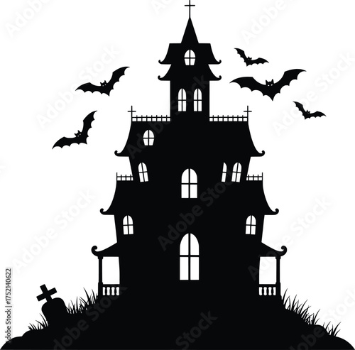 Haunted House Silhouette with Bats and Graveyard, Spooky Atmosphere, Illustrative Artwork, Nighttime View, Eerie Concept