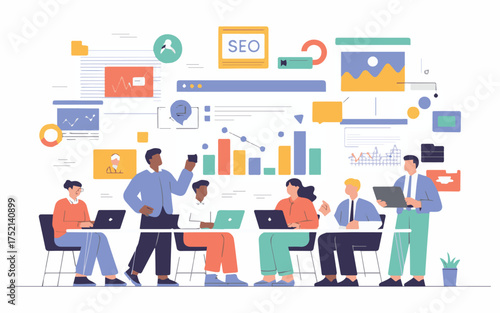 Dynamic team collaborating on SEO strategy with data analytics to achieve modern business goals and innovation in a vibrant, professional workspace