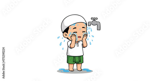 a little Muslim boy performing wudhu at a small water tap