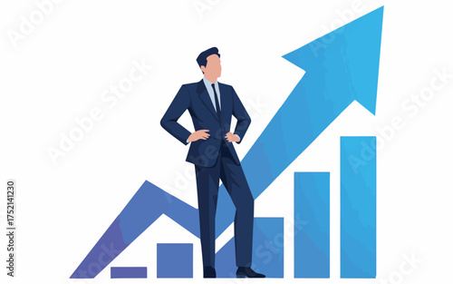 Confident businessman overseeing dynamic growth and upward trends in modern business, showing professional achievement and success in career growth