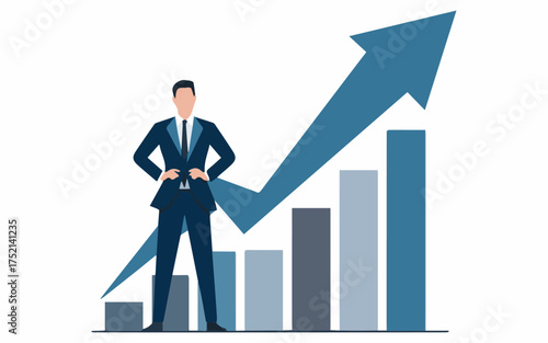 Confident businessman overseeing impressive revenue growth with strong upward trending bar chart, perfect for financial services and investment marketing materials